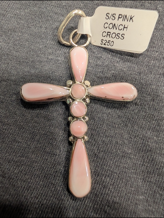 Native American Jewelry - Pink Conch Cross Pendant Necklace - S/S Pink Conch Cross